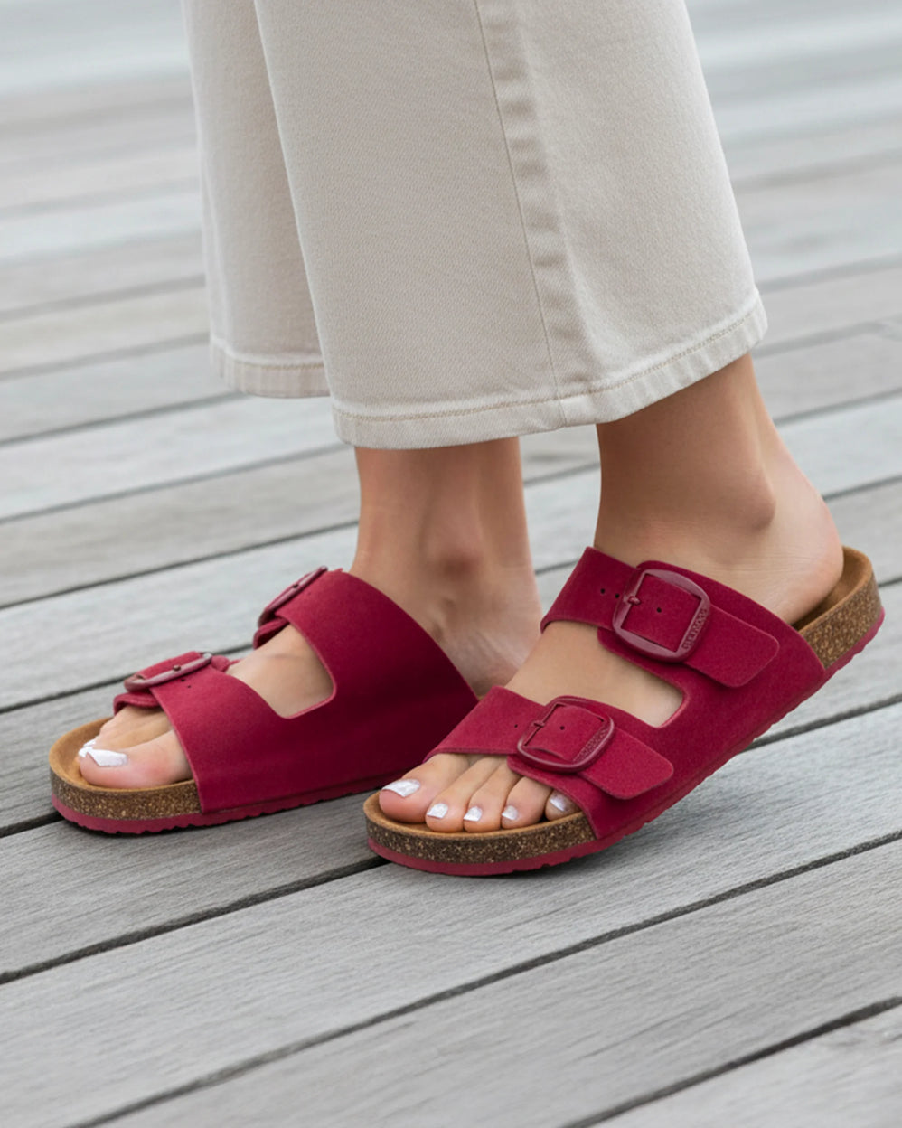 Mules Sandales Femme Double Bride cuir Framboise - Isotoner