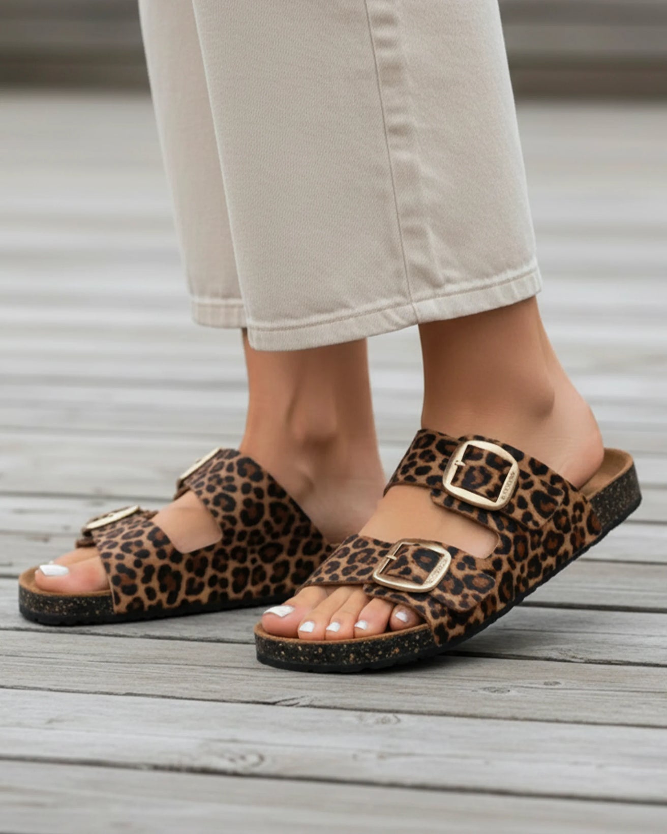 Mules Sandales Femme Double Bride cuir Léopard