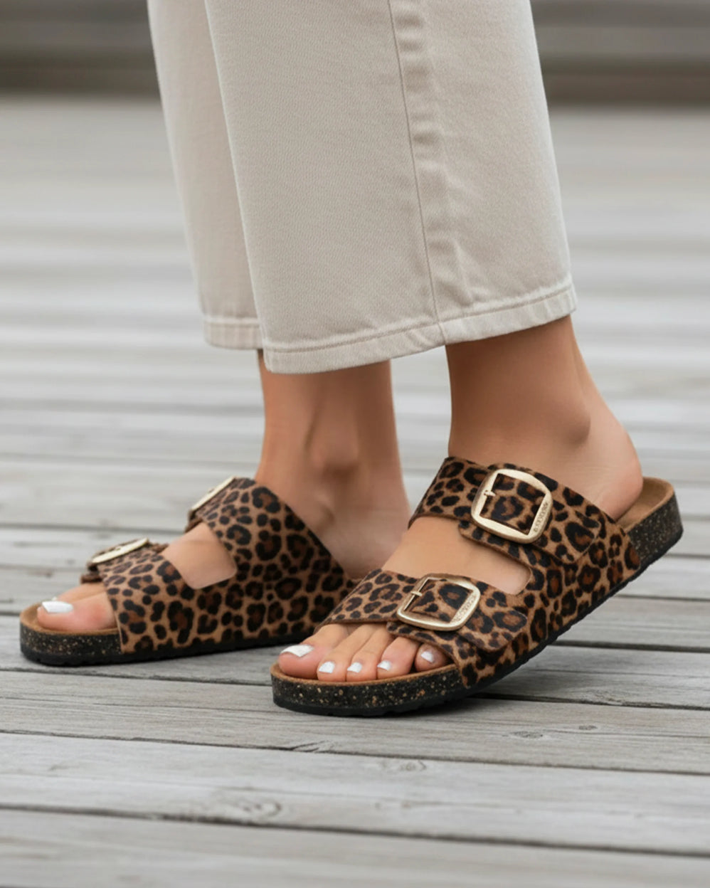 Mules Sandales Femme Double Bride cuir Léopard - Isotoner