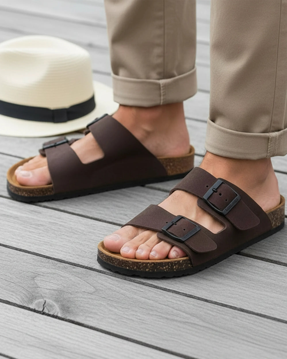 Mules sandales Homme Double Bride cuir Marron - Isotoner