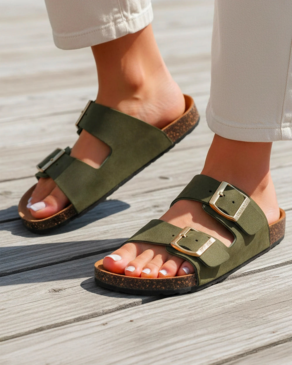 Mules sandales Femme double bride Kaki - Isotoner