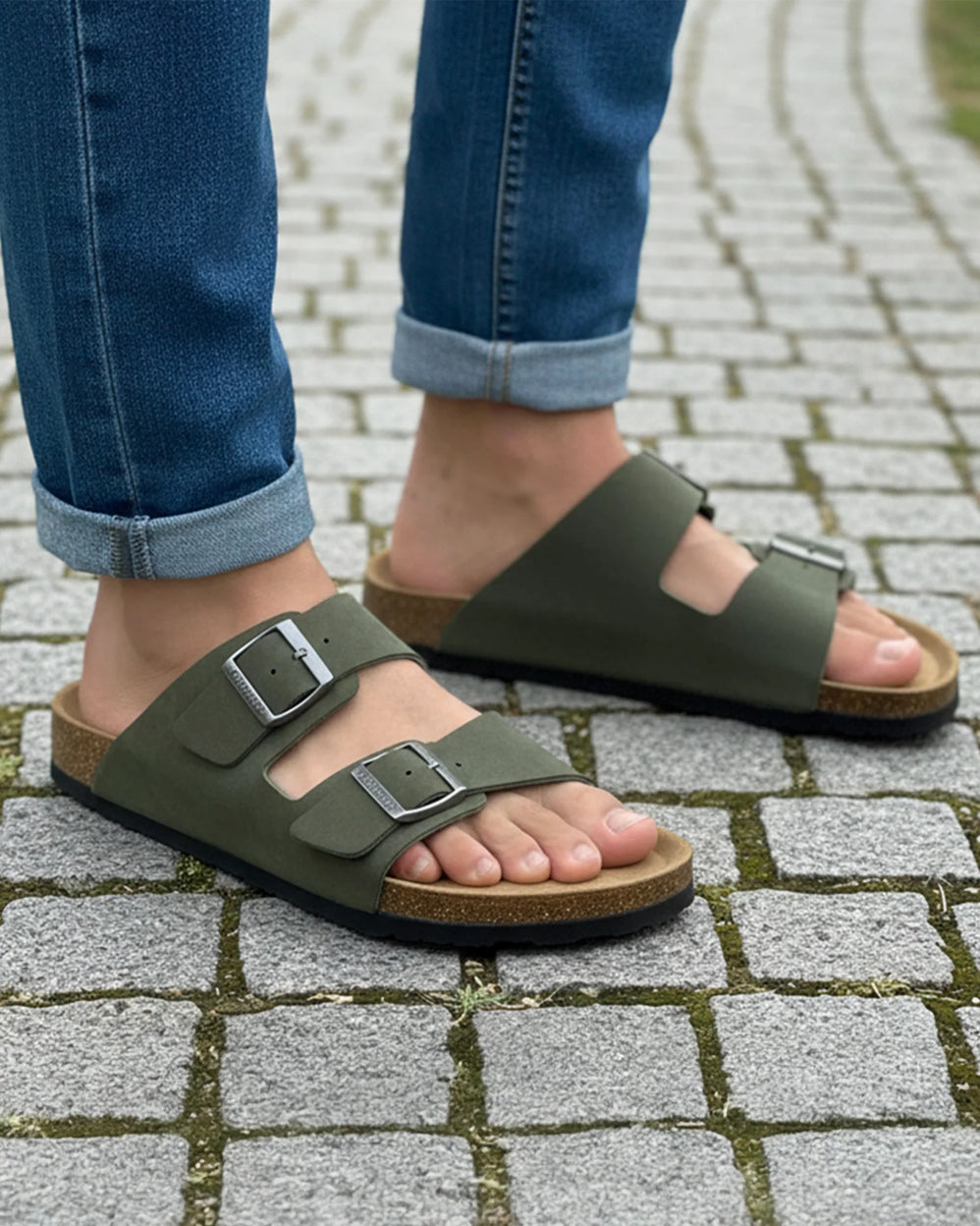 Mules sandales Homme double bride Kaki - Isotoner