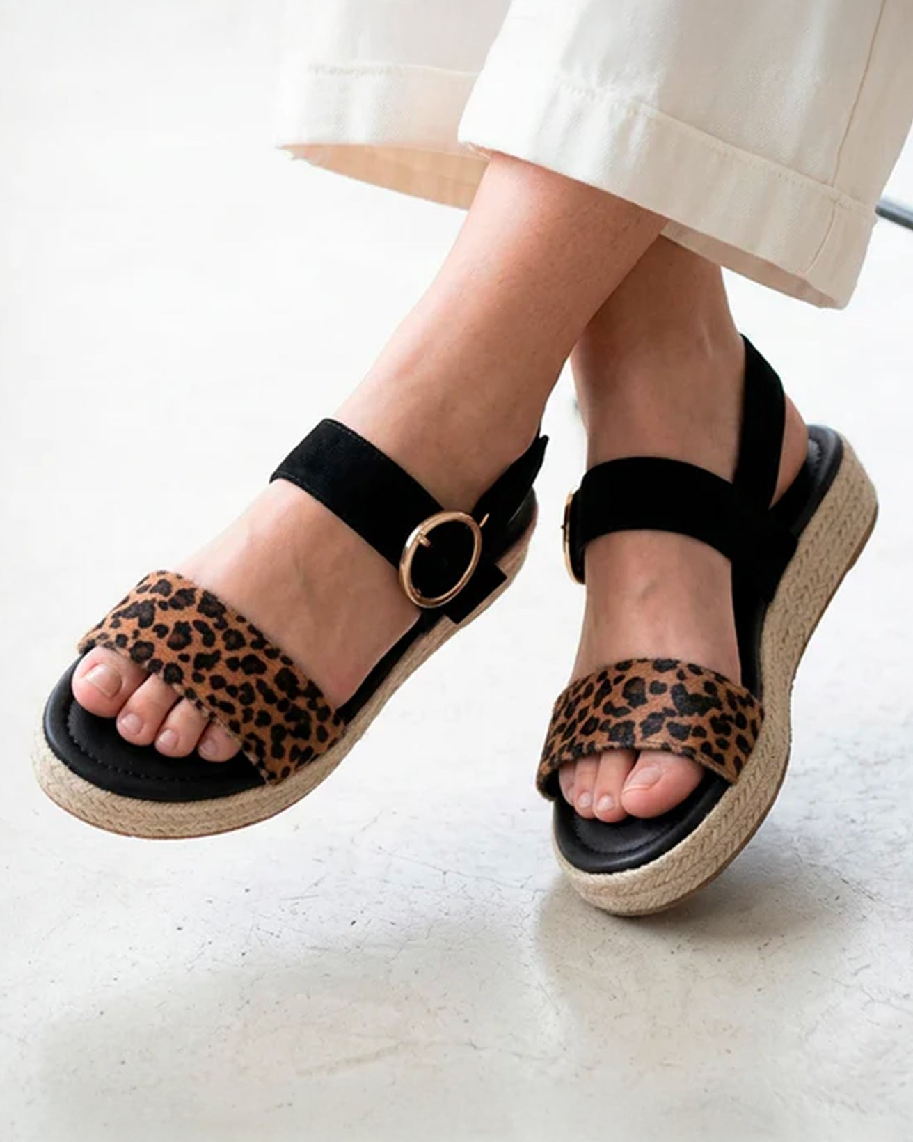 Sandales Femme corde tressée Noir/Léopard