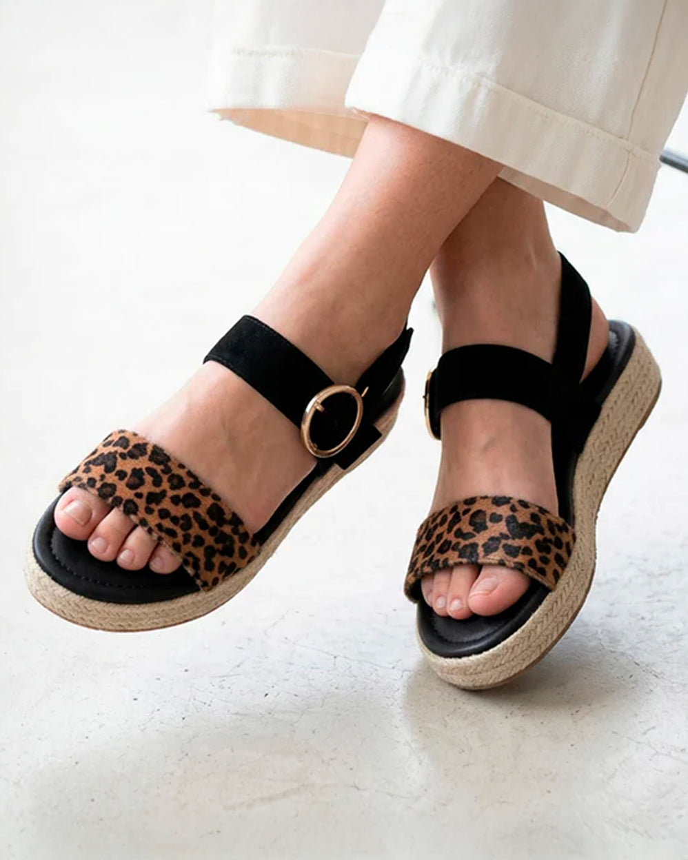 Sandales Femme corde tressée Noir/Léopard - Isotoner
