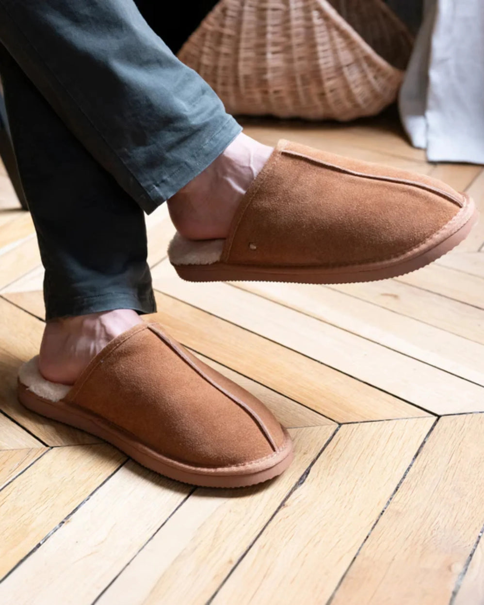 Chaussons mules Homme Cuir Camel - Isotoner