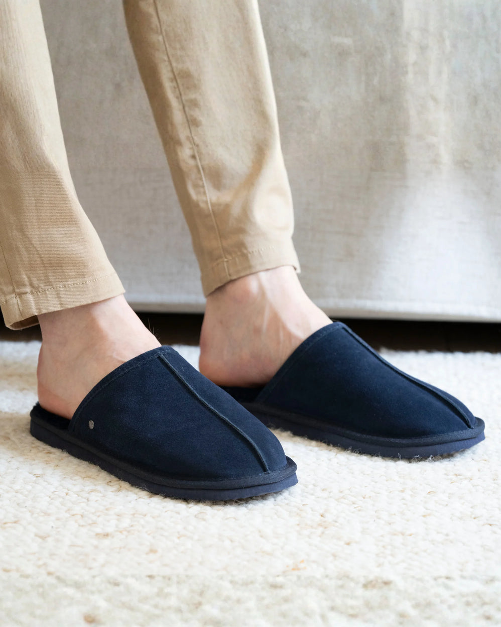 Chaussons mules Homme Cuir Marine fourrées - Isotoner